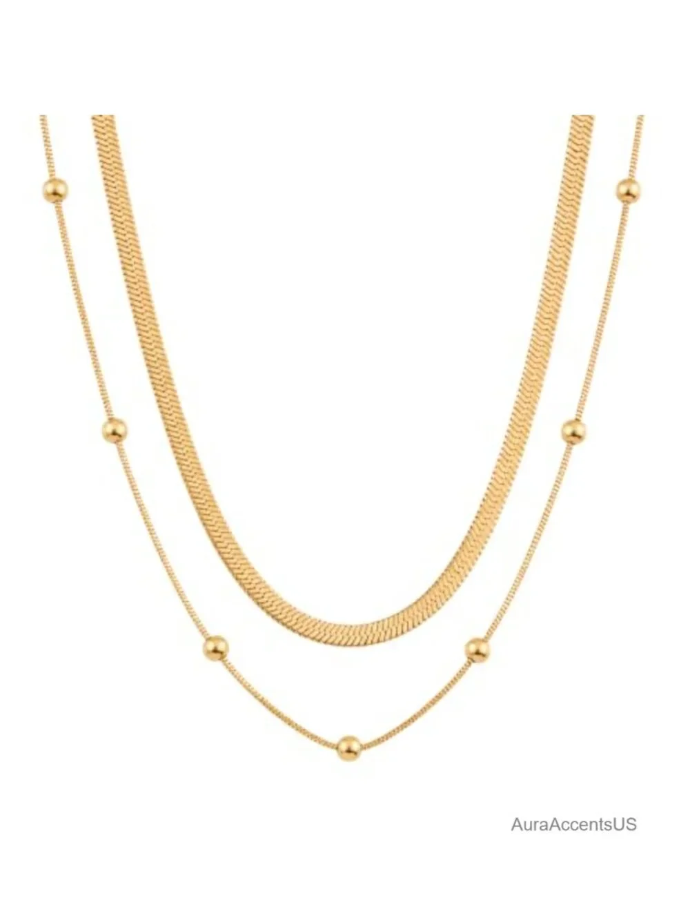 Gold Plated Stainless Steel 2 Piece Layered Necklace Set Snake Chain Dainty